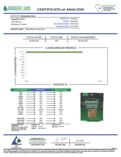 Sugarleaf 100 MG Delta 9 THC Cereal Crisp Treat Peanut Butter Flavor