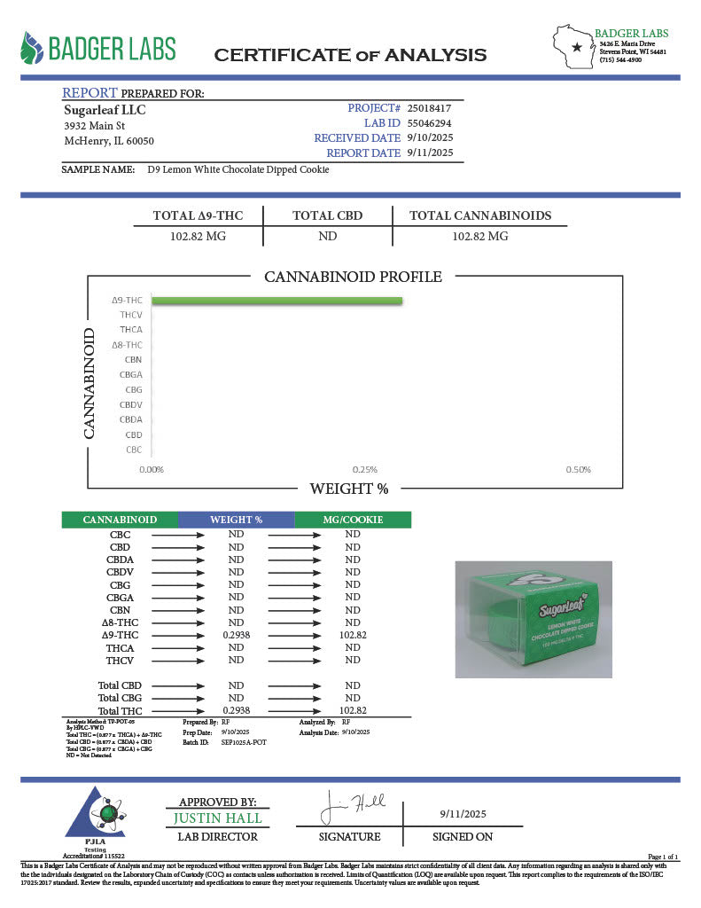 Sugarleaf 100 MG Delta 9 THC Chocolate Dipped Cookie Lemon White