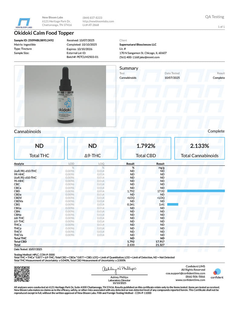 Okidoki Pet Care CBD 600mg Calm Drops Bacon Flavor Tincture 1floz