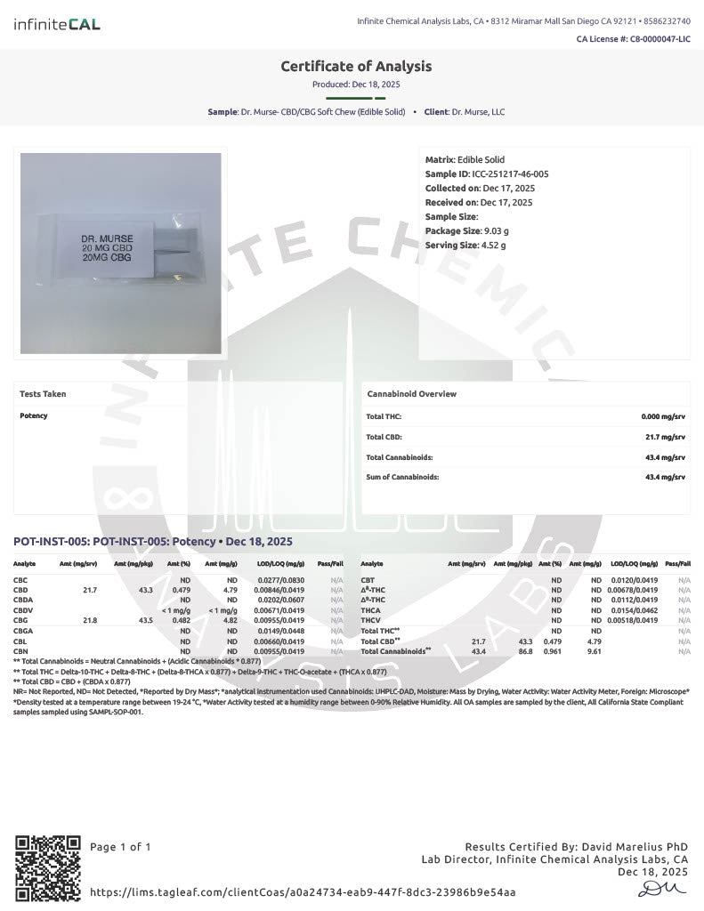 Dr. Murse Cannabis DNP CBG 20mg CBD 20mg Taffy 10pk Daylight Harmony Strawberry Flavor Broad Spectrum