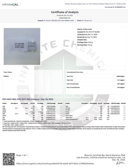 Dr. Murse Cannabis DNP CBG 20mg CBD 20mg Taffy 10pk Daylight Harmony Strawberry Flavor Broad Spectrum