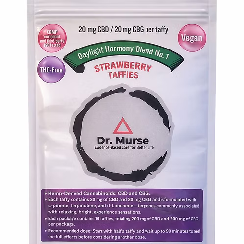 Dr. Murse Cannabis DNP CBG 20mg CBD 20mg Taffy 10pk Daylight Harmony Strawberry Flavor Broad Spectrum