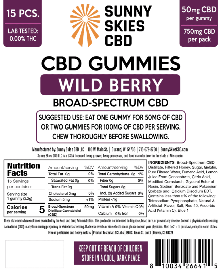 Sunny Skies 50mg Broad Spectrum CBD Gummies Wild Berry 15ct