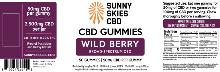 Sunny Skies 50mg Broad Spectrum CBD Gummies Wild Berry 50ct