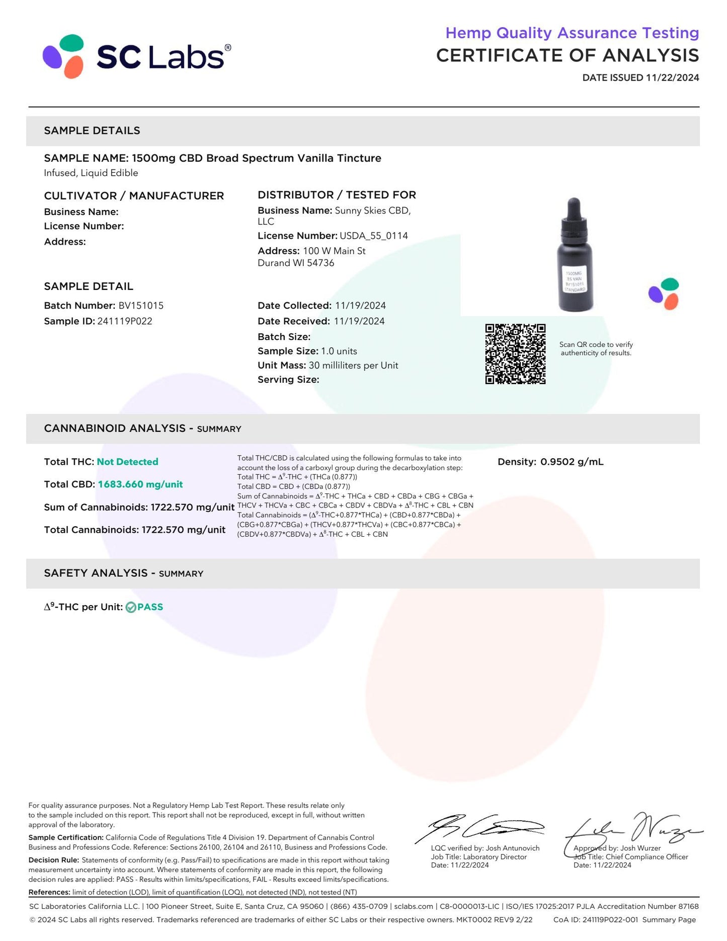 Sunny Skies Broad Spectrum 1500mg CBD Tincture Vanilla