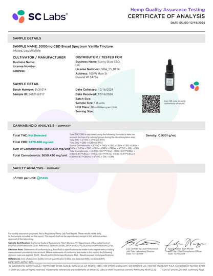 Sunny Skies Broad Spectrum 3000mg CBD Tincture Vanilla