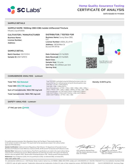 Sunny Skies CBD+CBG Isolate 1500mg Tincture Unflavored