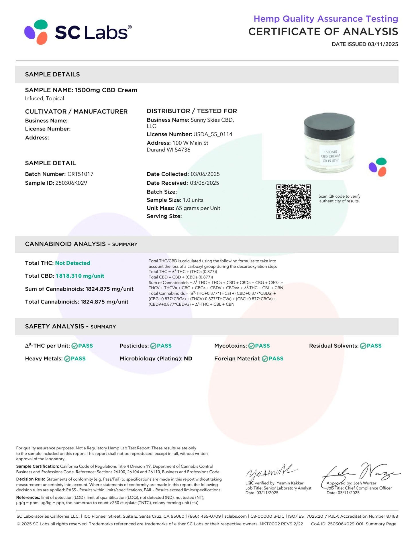 Sunny Skies CBD Cream 1500mg Recover Moisturize Soothe 2.3oz