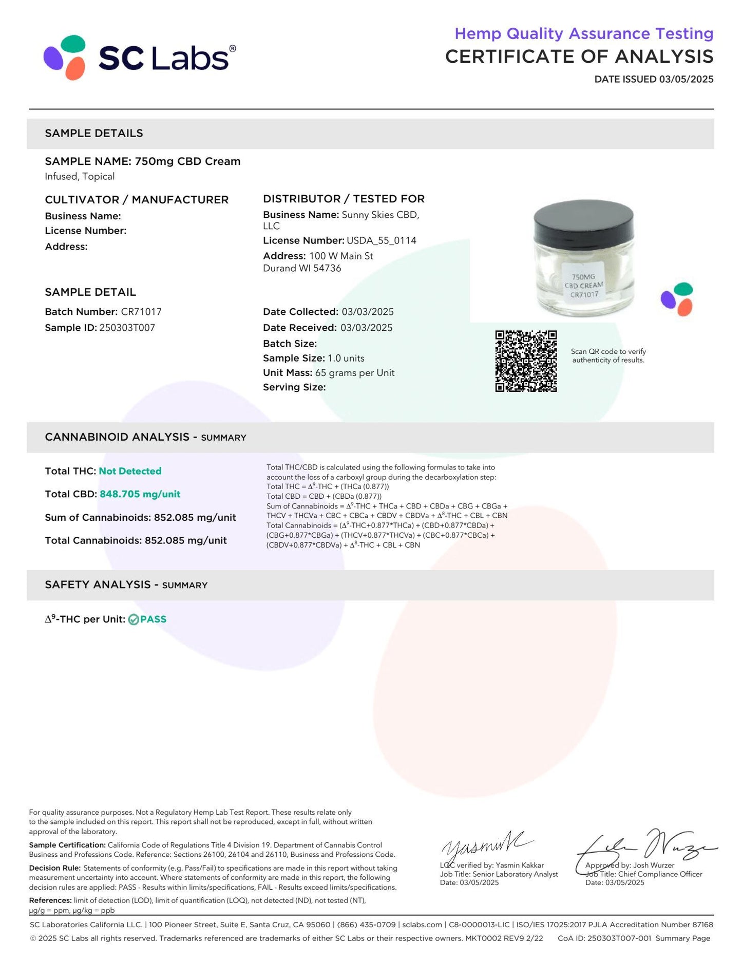 Sunny Skies CBD Cream 750mg Recover Moisturize Soothe 2.3oz
