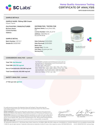 Sunny Skies CBD Cream 750mg Recover Moisturize Soothe 2.3oz