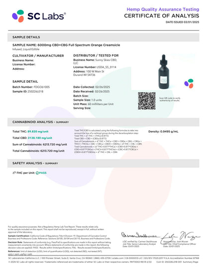 Sunny Skies Full Spectrum CBD + CBG 6000mg Tincture Orange Creamsicle 60ml