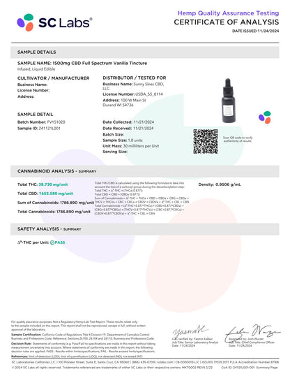 Sunny Skies Full Spectrum 1500mg CBD Tincture Vanilla