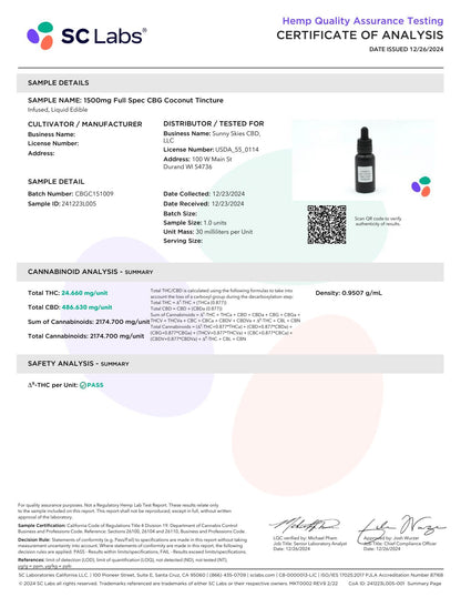 Sunny Skies Full Spectrum CBG 1500mg Tincture Coconut