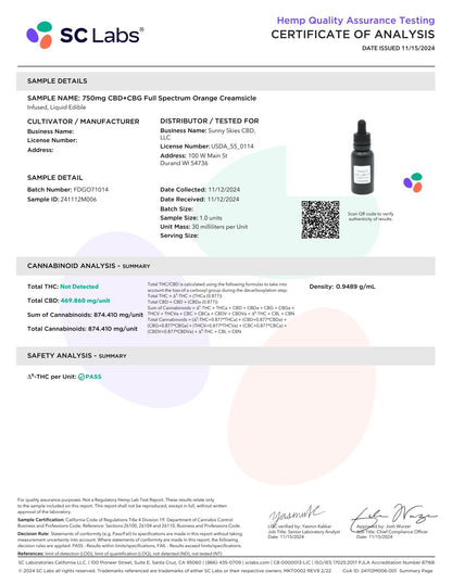 Sunny Skies Full Spectrum CBD + CBG 750mg Tincture Orange Creamsicle