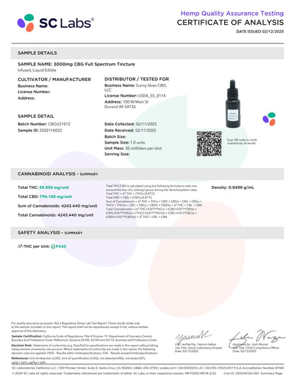 Sunny Skies Full Spectrum CBD + CBG 3000mg Tincture Unflavored