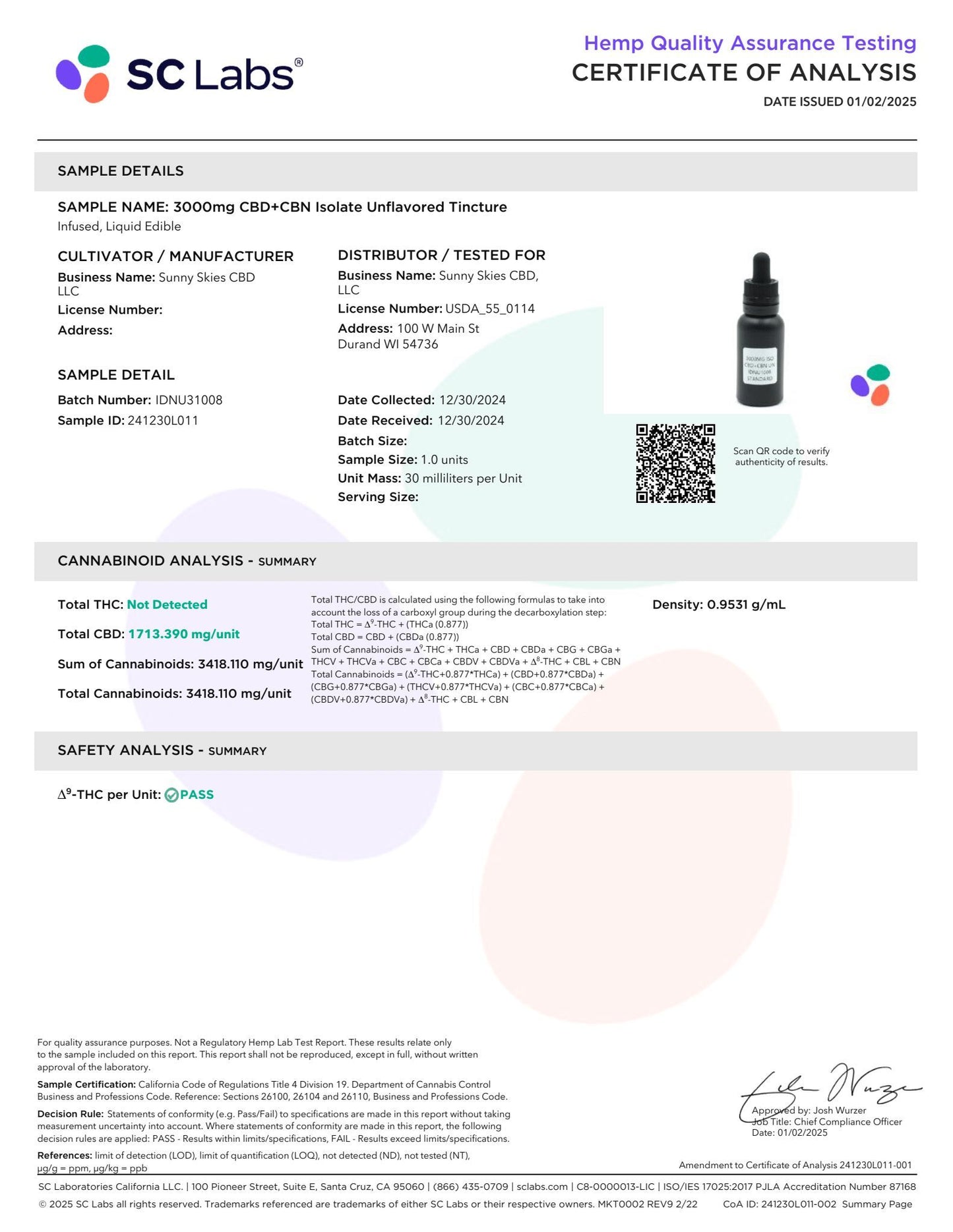 Sunny Skies Isolate CBD+CBN 3000mg Tincture Unflavored