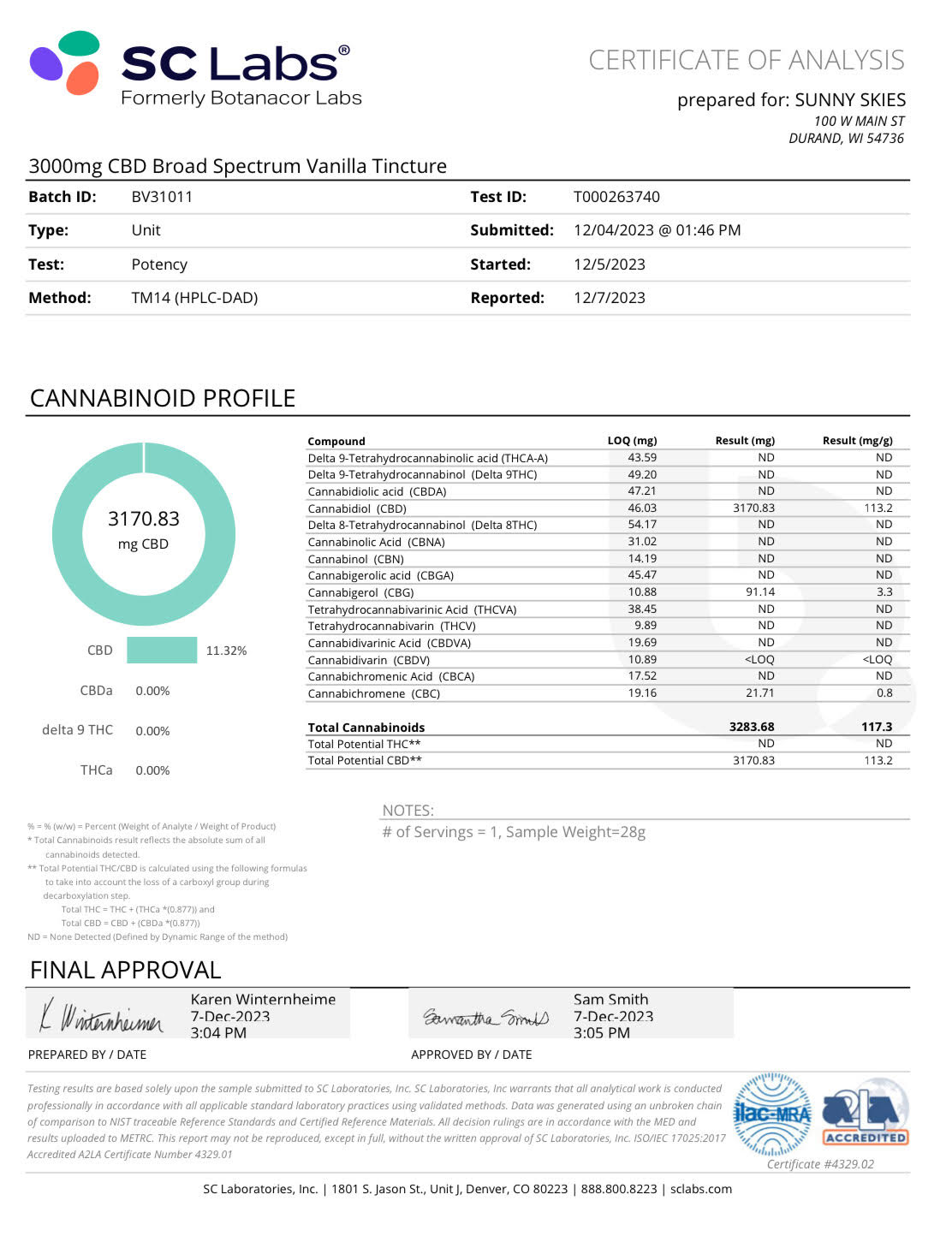 Sunny Skies Broad Spectrum CBD Tincture 3000mg Vanilla 30ml