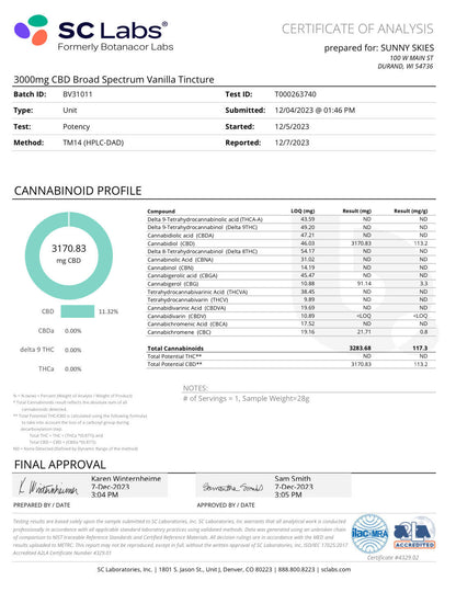 Sunny Skies Broad Spectrum CBD Tincture 3000mg Vanilla 30ml