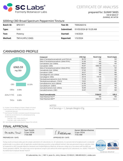 Sunny Skies Broad Spectrum CBD Tincture 6000mg Peppermint 60ml
