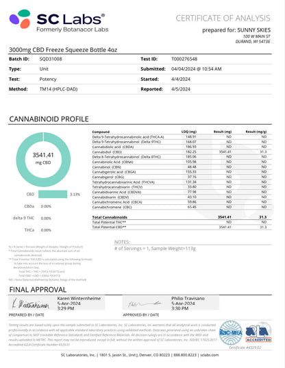 Sunny Skies CBD Freeze Lotion 3000mg 4oz