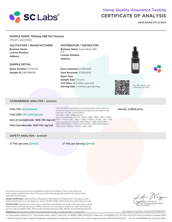 Sunny Skies (CBD) Isolate Pet Tinct 1500mg