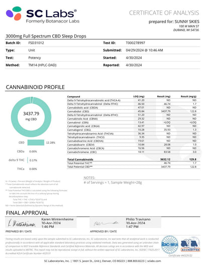 Sunny Skies Full Spectrum Tincture CBD Sleep 3000mg with Terpenes  Linalool + Humulene 30ml