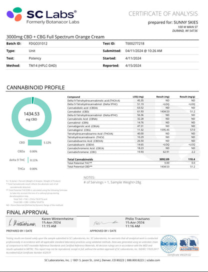 Sunny Skies Full Spectrum Tincture CBD+CBG 3000mg Orange Creamsicle 30ml