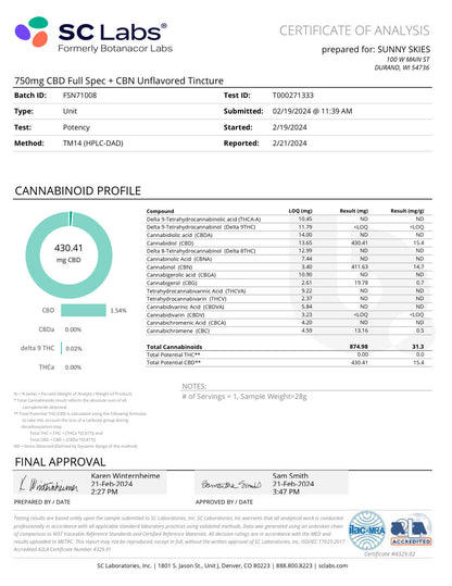 Sunny Skies Full Spectrum Tincture CBD+CBN 3000mg Unflavored 30ml